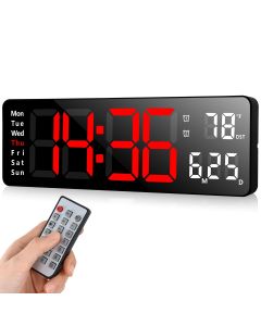 Koolertron Digital Wall Clock,13" Large Display Digital Clock,LED Digital Clock with Remote Control,Countdown Dimmer Large Clock with DST Date Week Temperature,Digital Wall Clock for Living Room Décor-Black/Red Light (DF-DWCL26-RD)